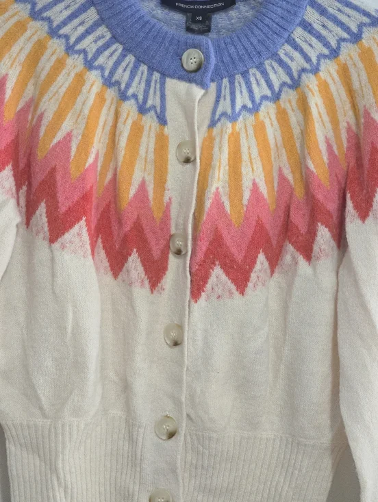 French Connection Neya Fair Isle Cardigan Ivory Wool Blend Size XS - Picture 4 of 7